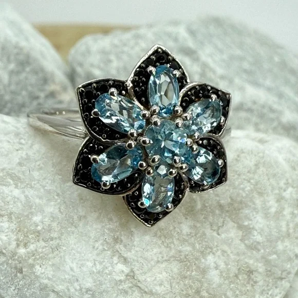 NWT Santa Maria Aquamarine & Black Spinel Daisy Ring Sz 10 Platinum 925 1.25ctw - Picture 10 of 17